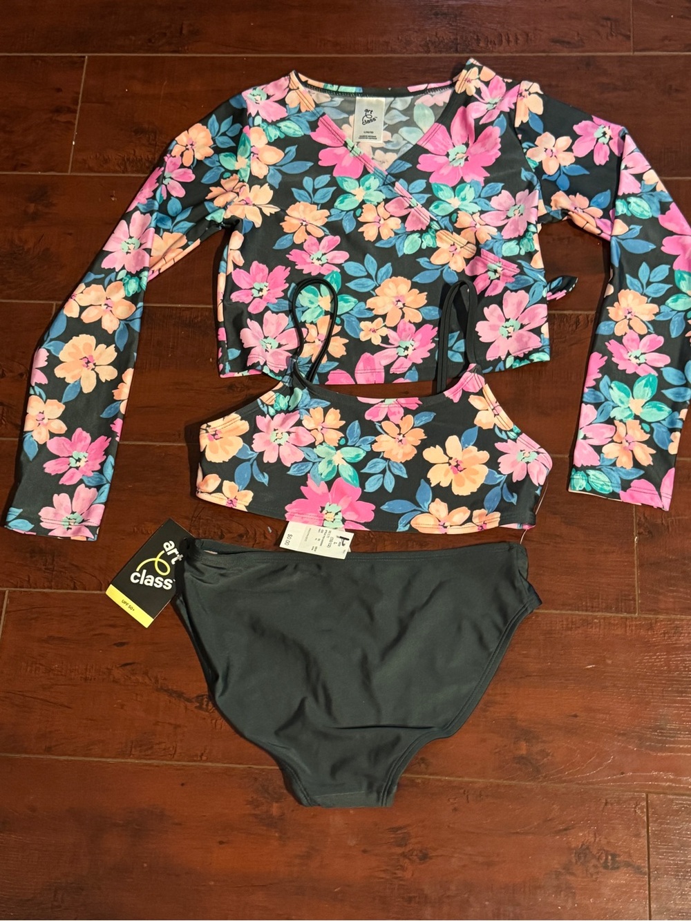 Girls Floral 3-Piece Swim Set — Black with Pink & Peach Flowers